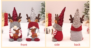 Vues de face, de côté et de dos de gnomes de Noël avec chapeaux à paillettes et bois