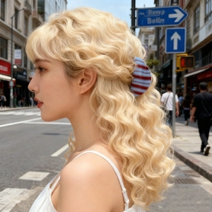 Chic long wavy blonde hair wig with blue and red striped hair claw clip in street setting