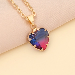 Fashionable rainbow gradient heart pendant necklace with gold chain and faceted crystal