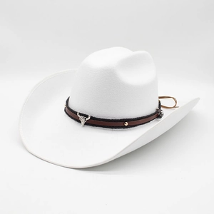 Klassischer weißer Wollfilz Western Cowboyhut mit schwarzem Lederband und silbernem Stier
