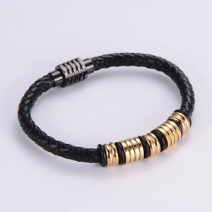 Men's black braided leather bracelet with gold metal rings and magnetic clasp
