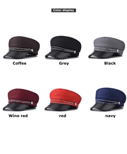 Multiple colors of PU leather military caps with silver chain details shown in a grid