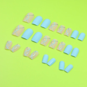 Matte sky blue long oval press-on nails with minimalist wavy line patterns, set of 24