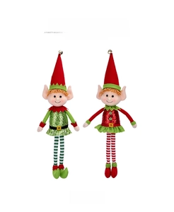 Front view of two 65cm Christmas elf plush dolls with long striped legs and sequined tops