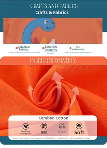 Detailed view of orange cotton fabric featuring a blue dinosaur embroidery patch