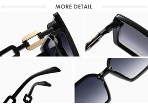 Detailed close-up of large square sunglasses featuring golden metal chain temple links