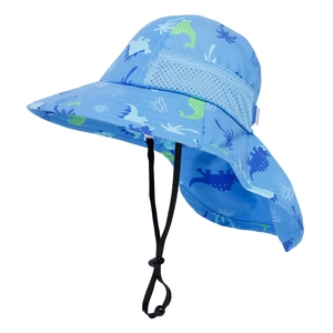 Detail of blue sun hat with dinosaur print featuring neck flap and mesh vents