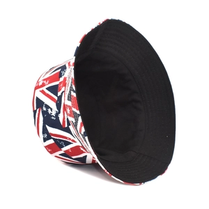 Close-up of reversible bucket hat with vintage Union Jack print and breathable black lining