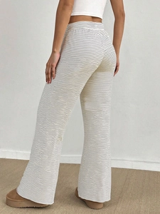Women's casual striped wide-leg trousers with high waist design and knit fabric