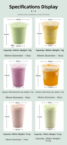 Size chart for 12oz to 24oz disposable plastic cups with 98mm diameter and capacity details