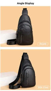 Vista frontale e laterale della borsa da petto in pelle nera su espositore minimalista