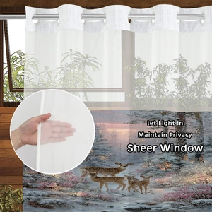 Detail of sheer grommet shower curtain with deer pattern, showing texture and light filtering
