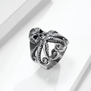 Vintage silver octopus skull ring in titanium steel displayed on a white podium