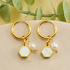 18K gold plated stainless steel hexagonal earrings with pearl and shell pendants