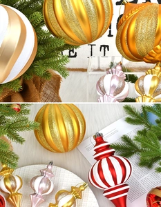 Macro detail of red and white festive ornaments with glitter finish on a soft white background