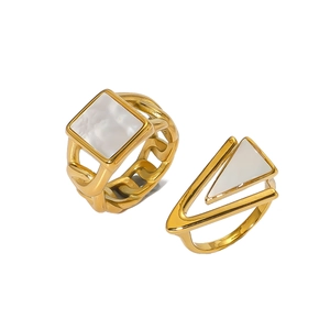 Gold stainless steel rings set with geometric square and triangle white shell inlays