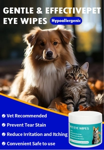 Detail view of 100-count pet eye wipes for cats and dogs with tear stain removal benefits