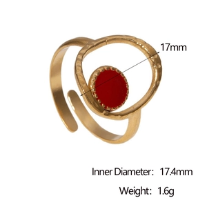Detail view of gold adjustable open ring with red circular inlay and size measurement