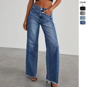 Jean Femme Taille Haute Jambe Large Pantalon En Denim Lavé Avec Ourlet Brut Streetwear Décontracté À La Mode