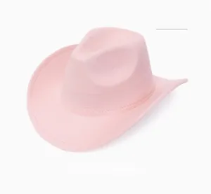 Close-up of pink felt fedora hat featuring a classic wide brim and structured crown