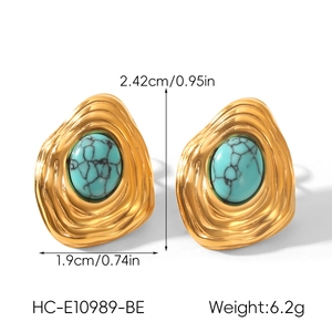 Detail view of irregular gold turquoise earrings with dimensions 2.42cm x 1.9cm