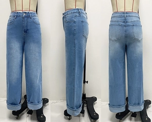 Multiple views showing the front, side and back of light blue cuffed straight jeans