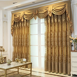 Luxury European gold curtains with intricate valance and tassel decor in a grand living room