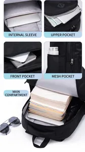 Detailed view of internal compartments and pockets of the large black backpack
