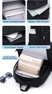 Detailed view of internal compartments and pockets of the large black backpack