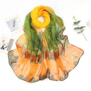 Lightweight gradient chiffon silk scarf in yellow orange and green tones for sun protection