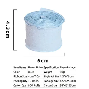 Blue ruffled linen ribbon roll detail showing 4.3cm width and 10 yards length