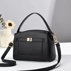 Crossbody Bag Women PU Lychee Leather Splicing Color Turn Lock Gold Hardware Top Handle Versatile Urban Stylish