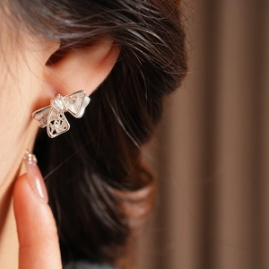 Gros plan détaillé des boucles d'oreilles nœud creux avec finition argent et zircons