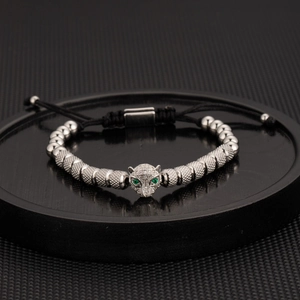 Men's retro silver leopard head beaded bracelet with green zircon eyes and woven cord