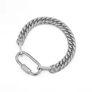 Polished silver stainless steel Cuban link chain bracelet with large lobster clasp closure