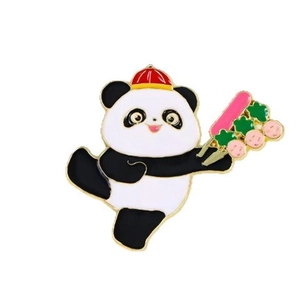 Cute cartoon panda enamel pin with red hat and colorful snack for backpack decor