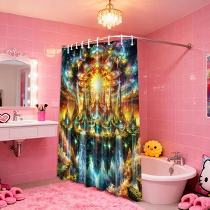 Detail of waterproof bathroom curtain featuring magic floating islands and 12 hanging hooks