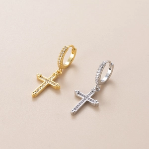Cross charm hoop earrings in gold and silver finish with pavé zircon stones