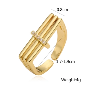 18K gold plated triple layer geometric open ring with zircon inlay and adjustable band
