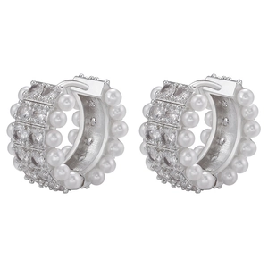 Elegant silver-plated hoop earrings featuring double rows of pearls and pavé cubic zirconia