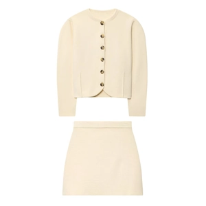 Knitted Cardigan And Mini Skirt Long Sleeve Button Up High Waist Solid Color Slim Fit Elegant Casual Women Outfit
