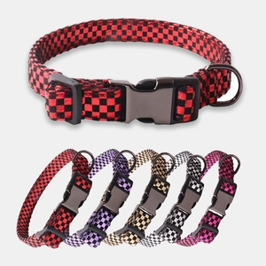 Adjustable Dog Collar Checkerboard Pattern Laser Holographic Bright Nylon With Metal D Ring For Puppy Small Medium Dogs