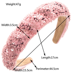 Pink wide headband with handmade beads and shiny sequins in a wavy textured design