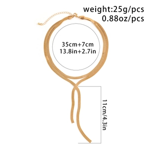Detail view of gold double layer snake chain necklace with length and weight specs