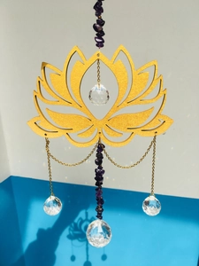 Detailed golden lotus suncatcher with natural amethyst beads and crystal ball pendant