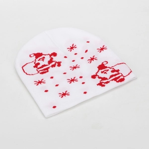 Detailed knit jacquard pattern with festive Santa Claus and snowflake motifs on white beanie