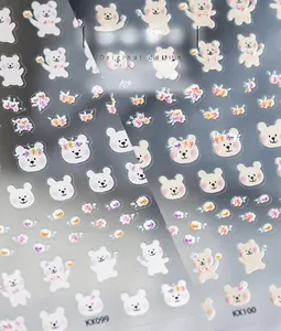 Close-up of thin nail stickers KX099 and KX100 featuring bears and floral motifs
