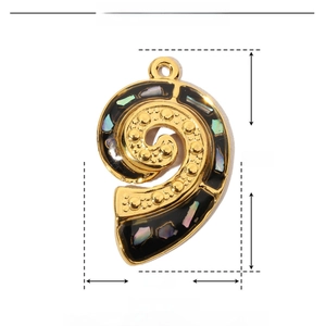 Detailed specs of stainless steel spiral pendant with enamel and shell, 27mm height