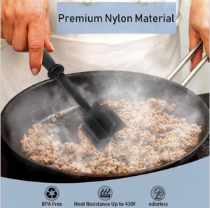 Premium nylon meat chopper in a frying pan showing BPA-free and heat-resistant features