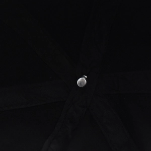 Macro detail of inner stitching and silver rivet inside a black distressed baseball cap